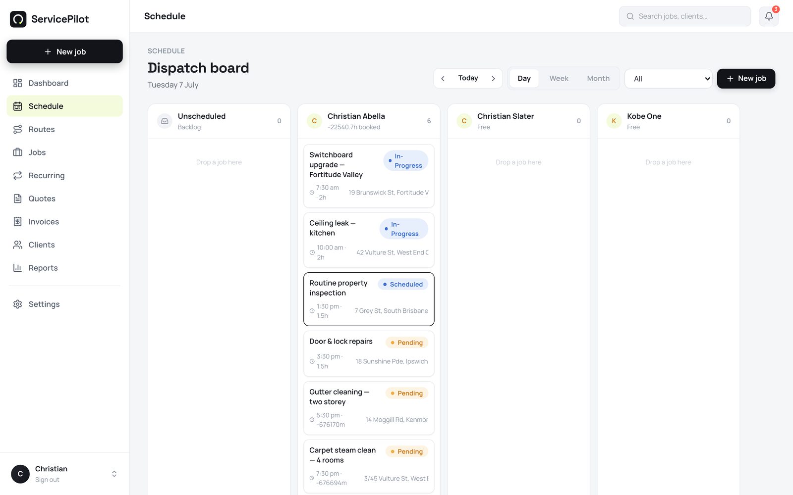ServicePilot schedule showing jobs organised across the team