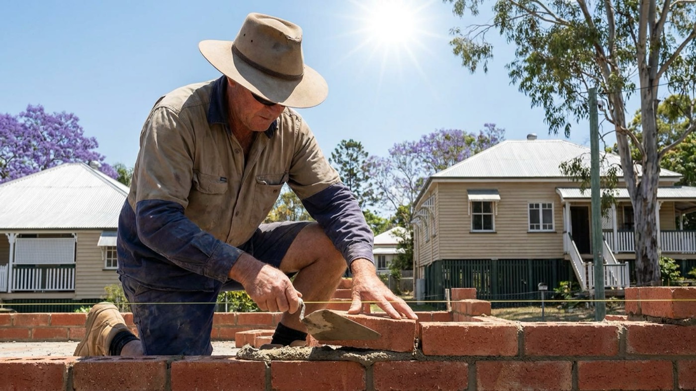 An Australian bricklaying tradesperson at work on site