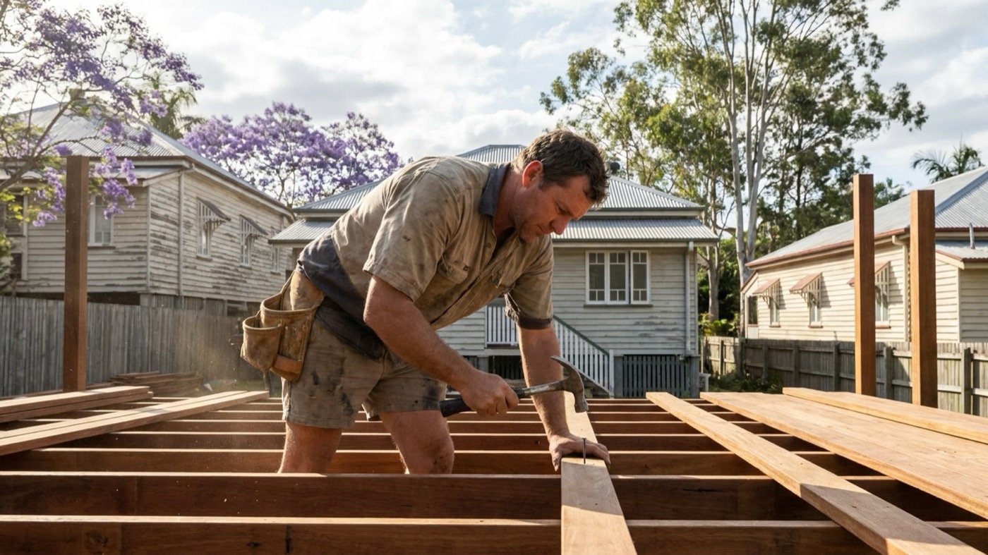 An Australian carpentry tradesperson at work on site