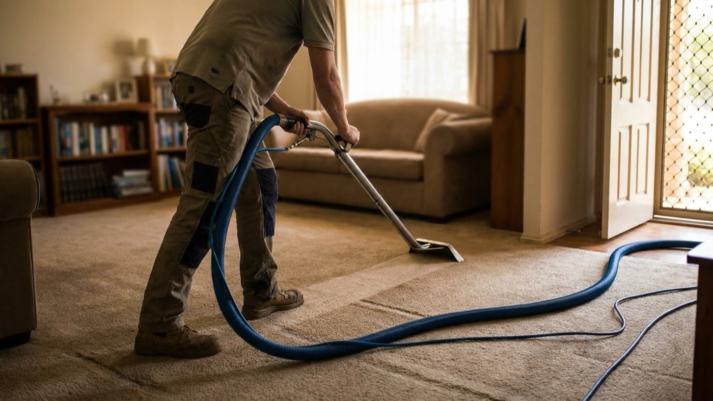 An Australian carpet cleaning tradesperson at work on site