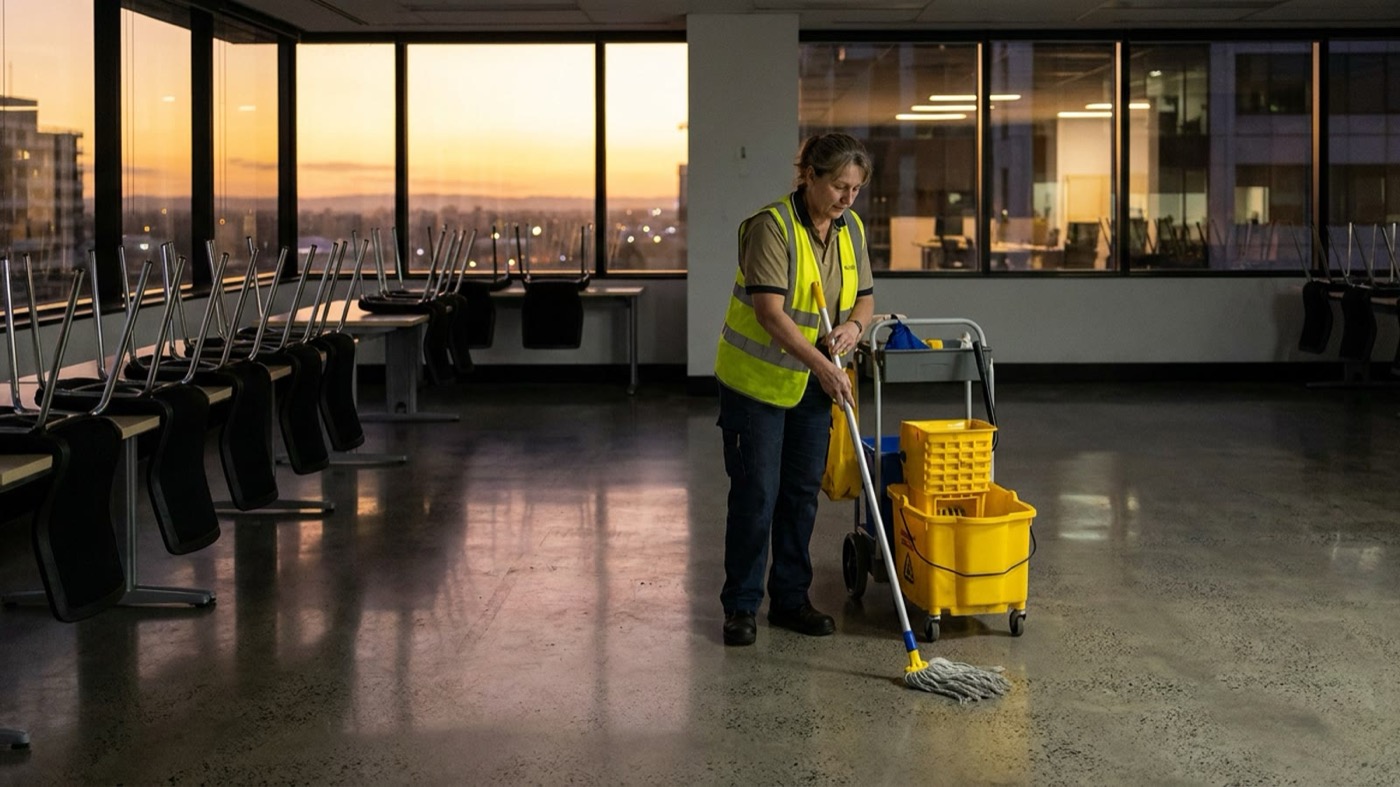 An Australian cleaning tradesperson at work on site