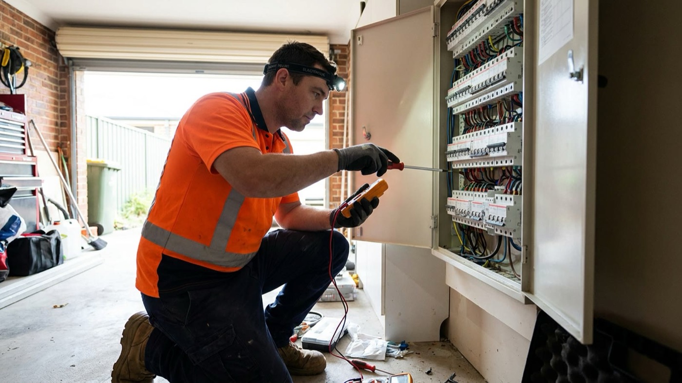 An electrician terminating cables at an open residential switchboard