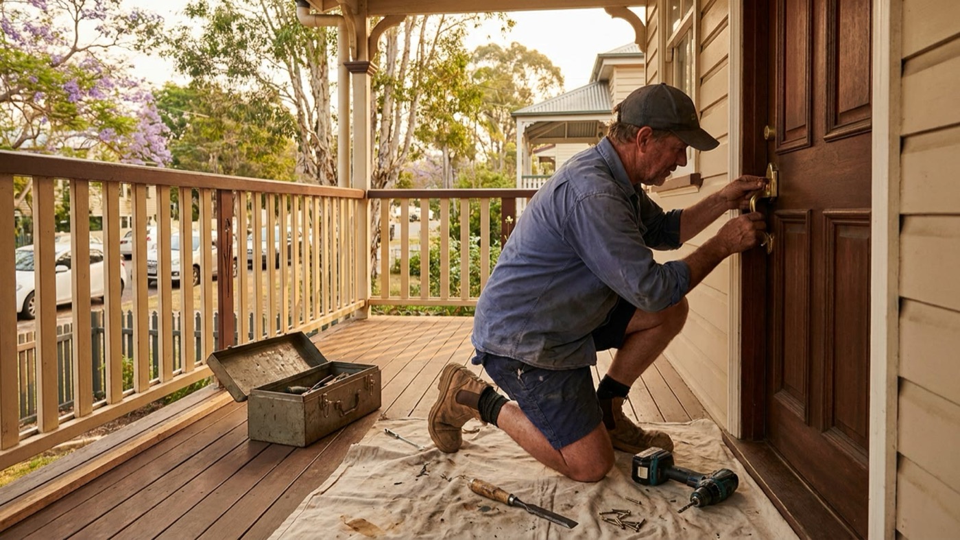 A handyman fitting a door handle on the front door of a Queenslander