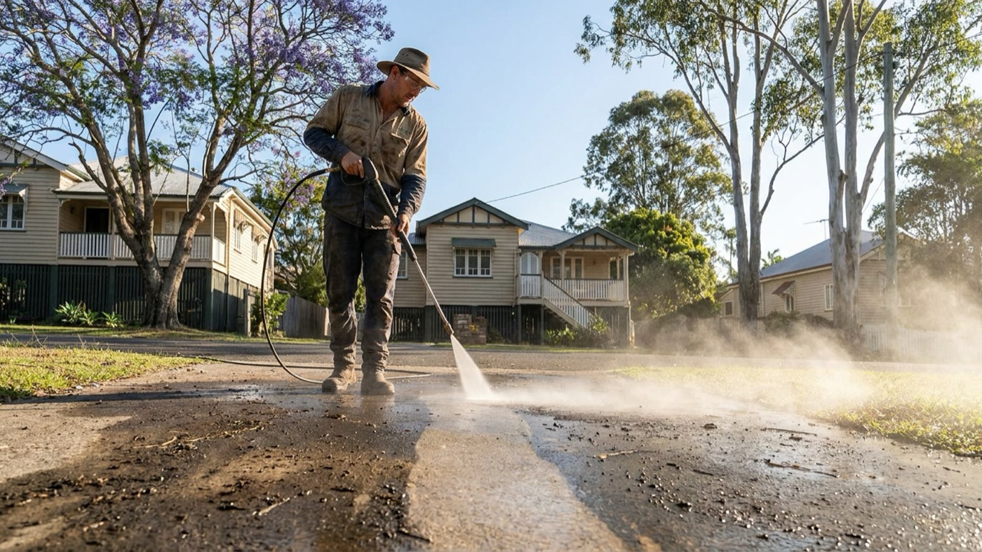 An Australian high pressure cleaning tradesperson at work on site