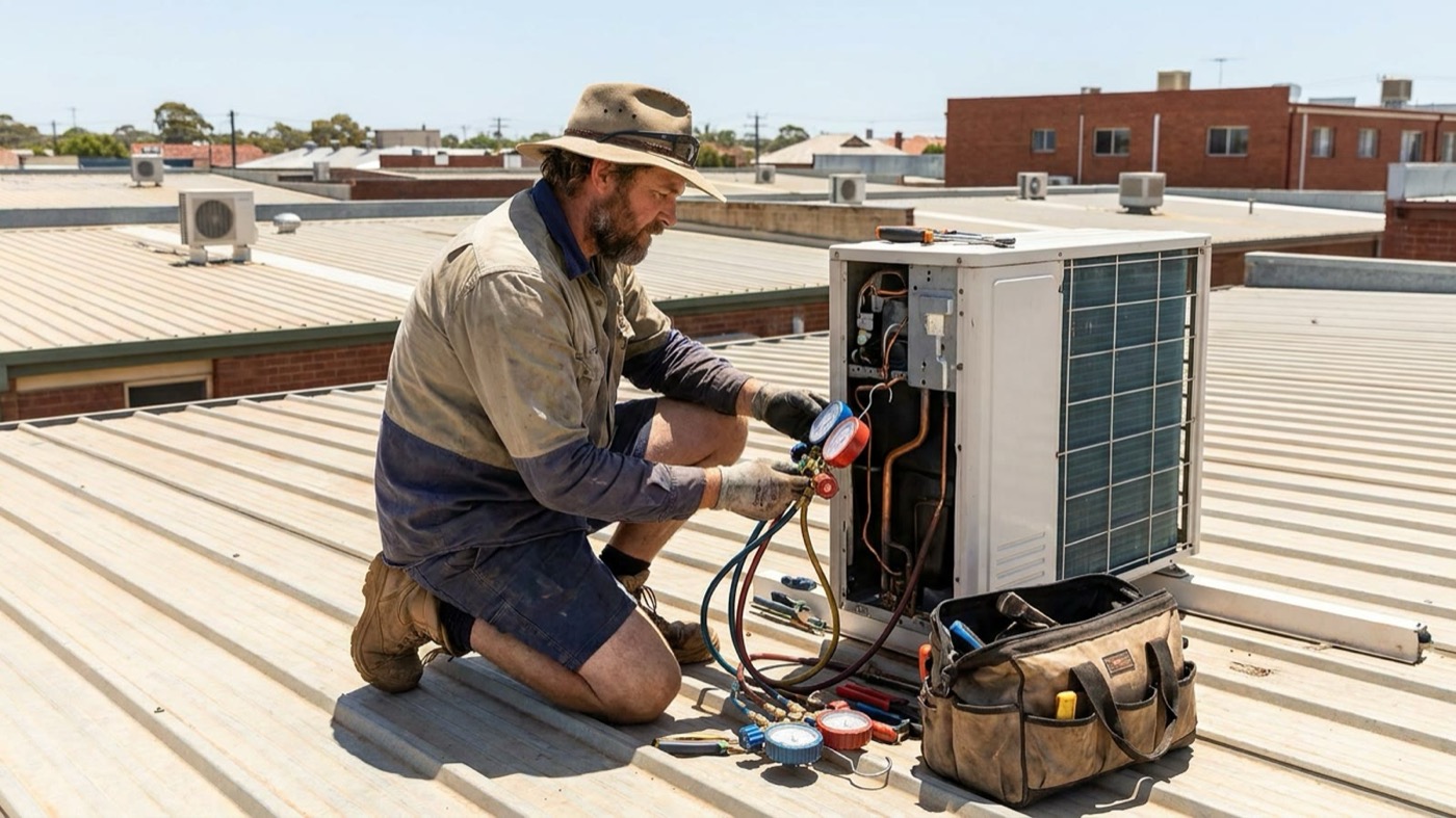 An air conditioning technician working on a rooftop condenser unit