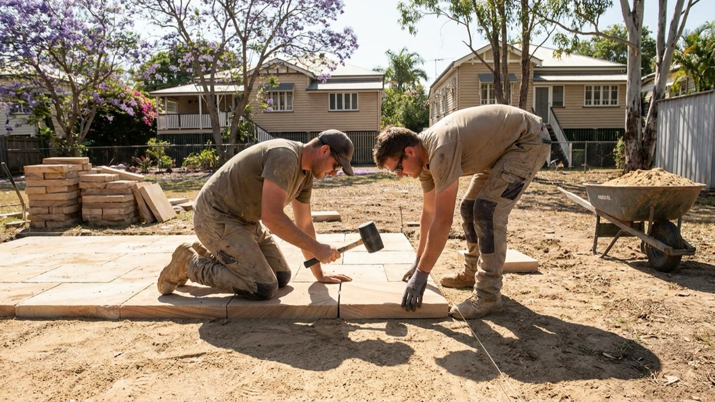 Two landscapers bedding a sandstone paver into sand with a rubber mallet