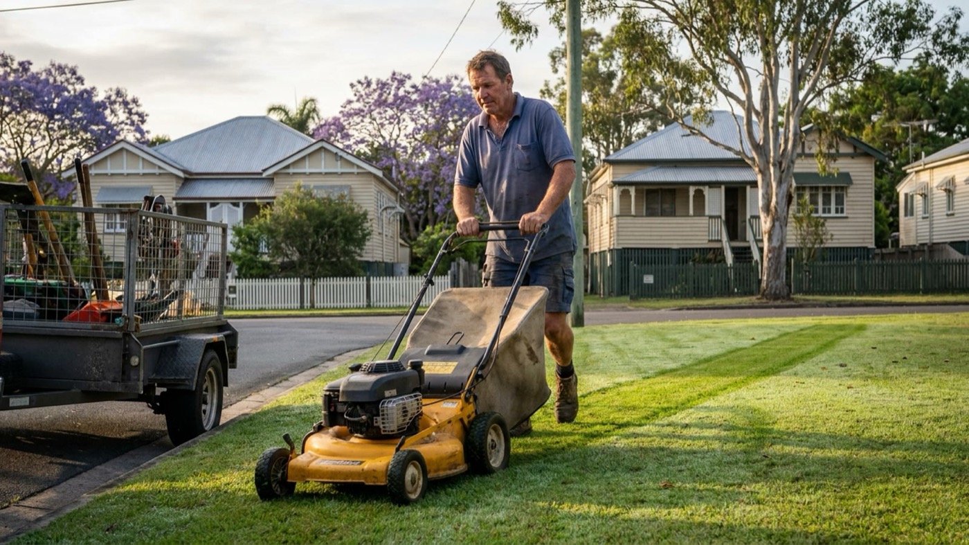 A lawn contractor mowing a front lawn with a commercial mower, trailer at the kerb