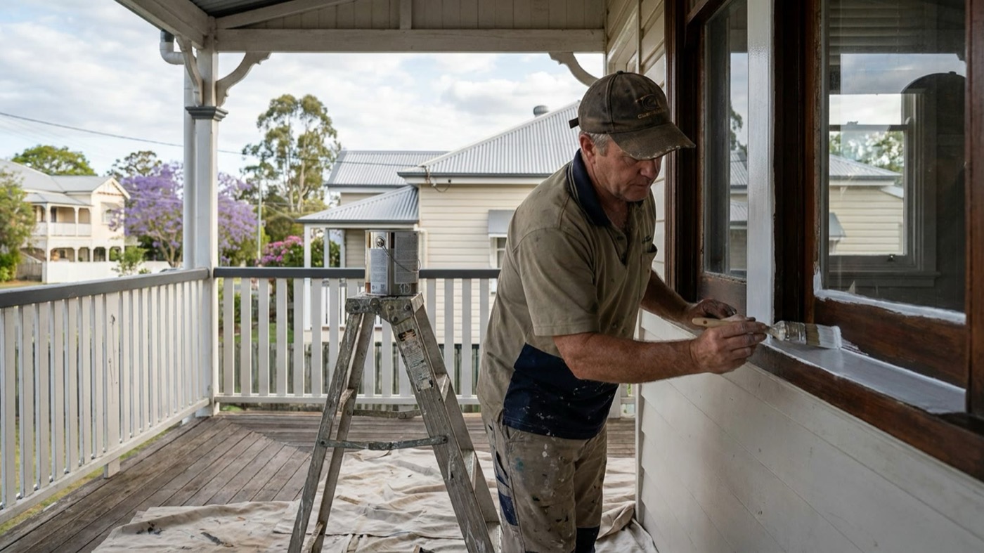 A painter cutting in a clean line along a window frame