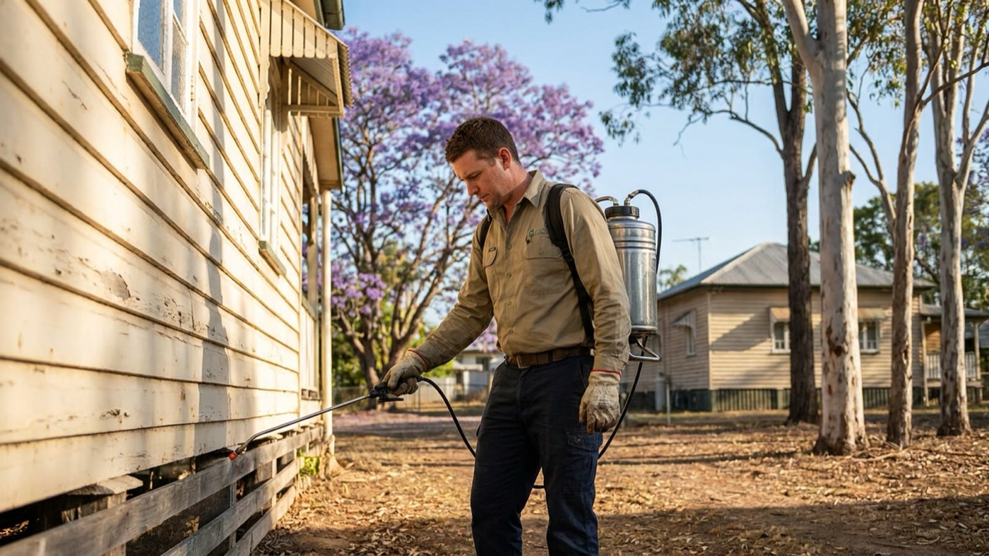 An Australian pest control tradesperson at work on site