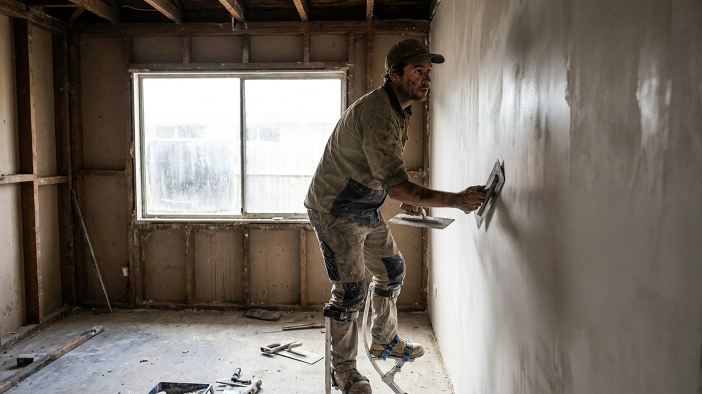 An Australian plastering tradesperson at work on site