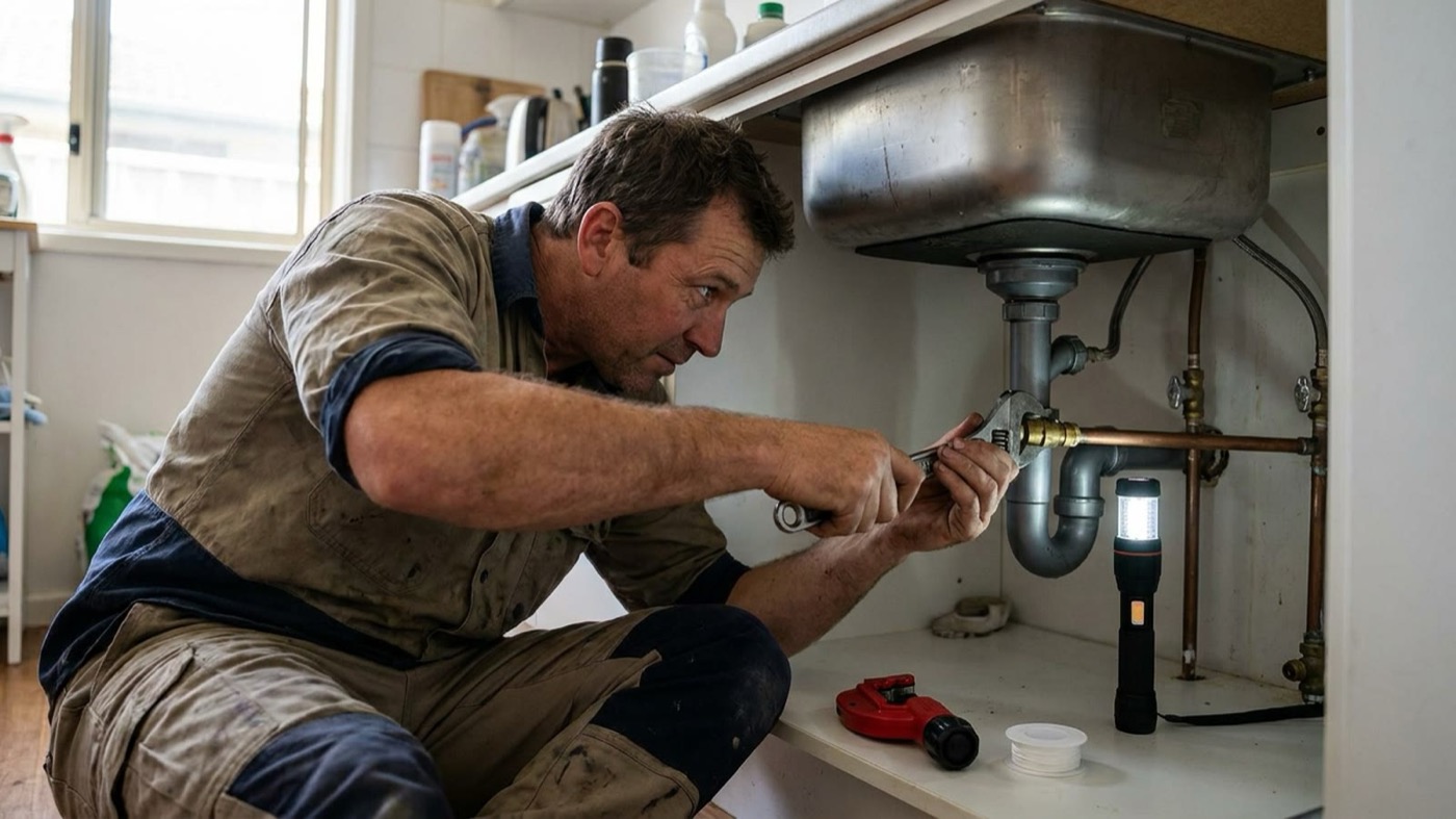 An Australian plumbing tradesperson at work on site