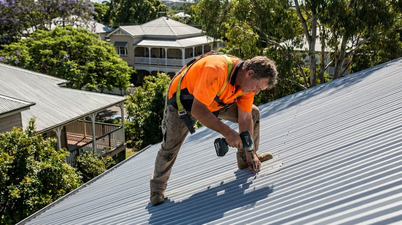 A roofer fixing colorbond sheeting on a pitched roof