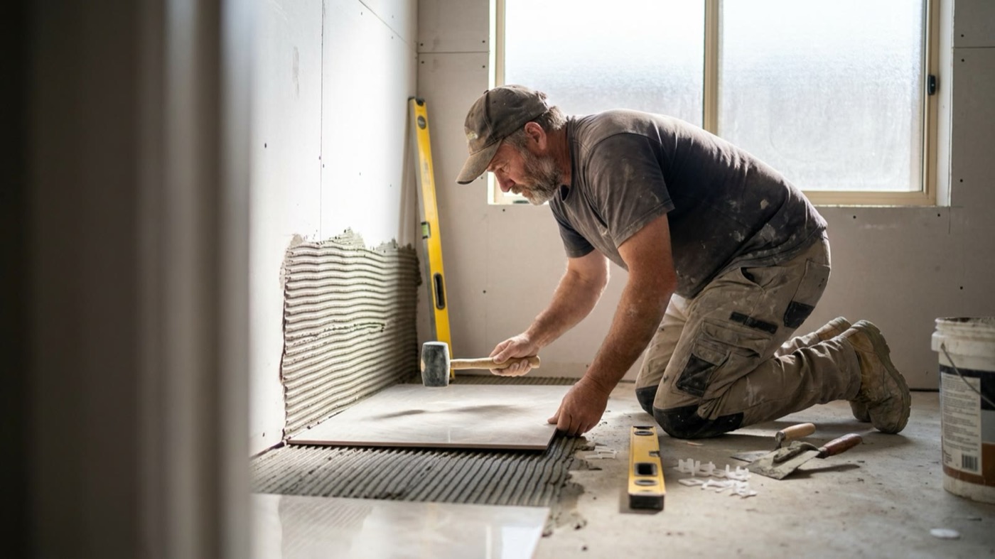 An Australian tiling tradesperson at work on site