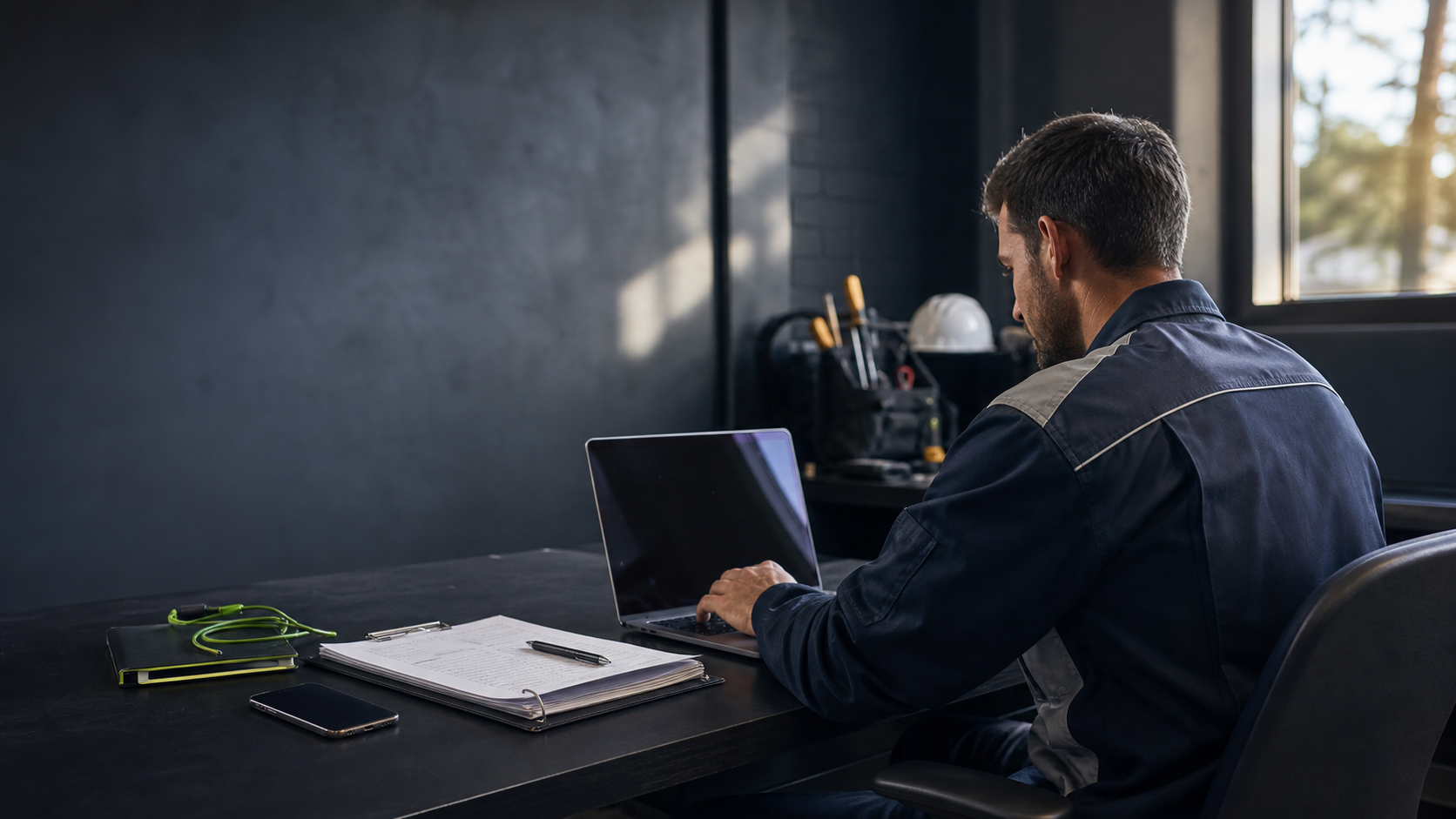 A tradesperson using a laptop to plan work in a workshop office