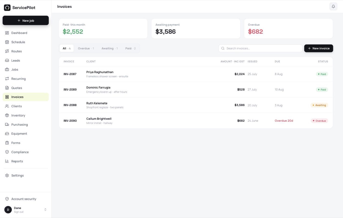 ServicePilot invoice list showing each invoice, the client, the amount and whether it has been paid