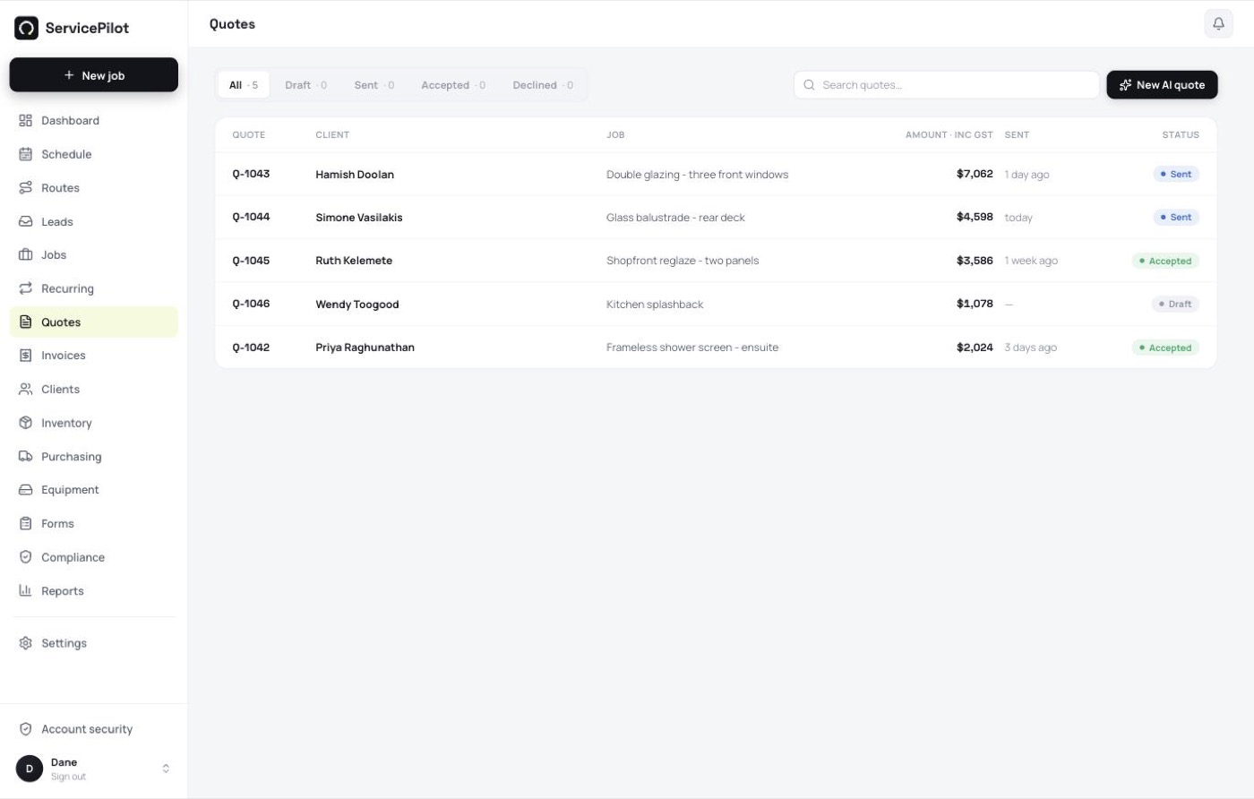 ServicePilot quotes list showing glazing quotes with the client, job, amount including GST, when it was sent and its status